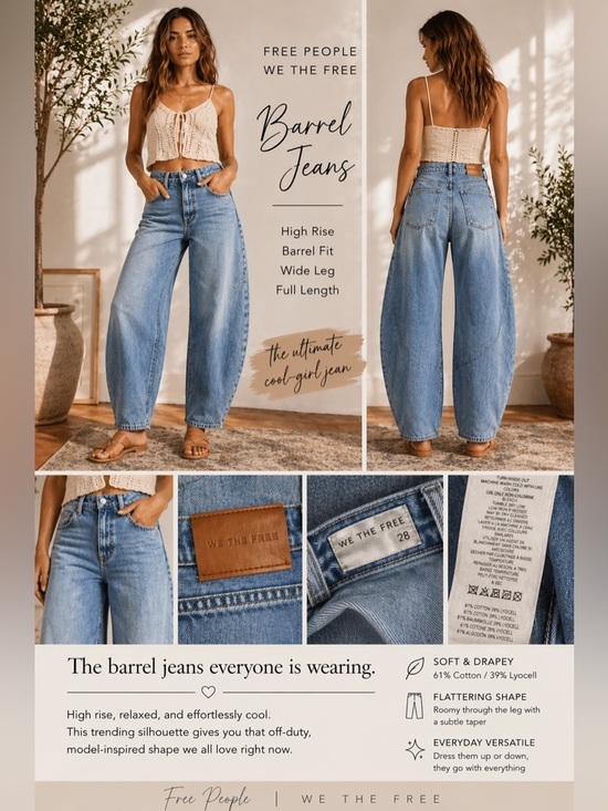 We The Free Denim - Free People We The Free Barrel Jeans Size 28 High Rise Wide Leg Light Wash NWOT